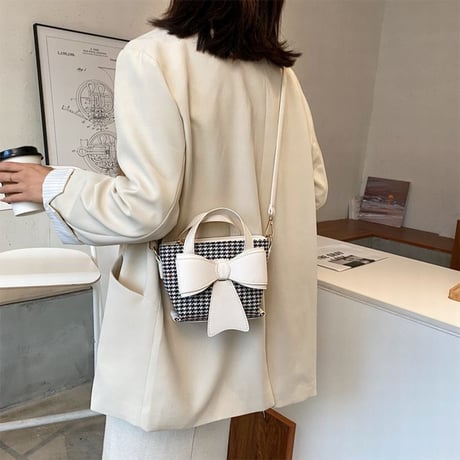 2WAY ハンドバッグ ショルダーバッグ ミニバッグ 千鳥格子 リボン チェック柄 バッグ 鞄 レトロ ホワイト ブラック ブラウン DTC-631010281178
