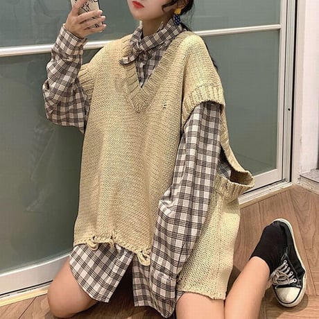 セットアップ チェック柄シャツ ダメージ加工 ニットベスト ルーズ ニット 秋 冬 韓国ファッション レディース ガーリー (DTC-601823900318_003)