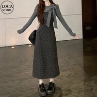 フェイクレイヤード ロングワンピース フェイクツーピース リボンタイ付き カットソー ドット柄ワンピース スリムフィット 長袖 レトロ 大人可愛い ガーリー DTC-865203893747