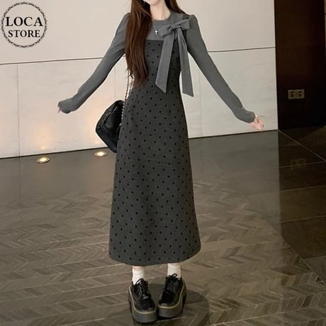 フェイクレイヤード ロングワンピース フェイクツーピース リボンタイ付き カットソー ドット柄ワンピース スリムフィット 長袖 レトロ 大人可愛い ガーリー DTC-865203893747