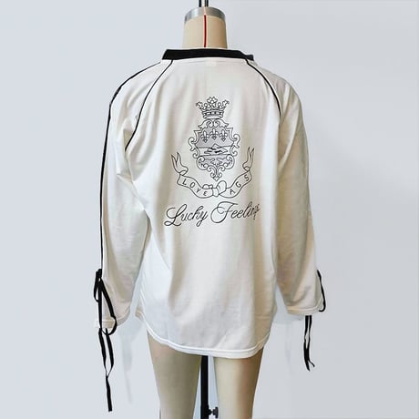 ユニフォーム風 トップス サイドライン リボン プルオーバー ロンT tシャツ Vネック オーバーサイズ ルーズ 長袖 レトロ 大人可愛い ガーリー カジュアル DTCA-839618355803