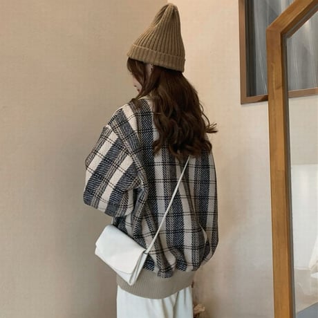 チェック柄 トップス ウールセーター プルオーバー ゆったり 韓国ファッション レディース POLOカラー ルージュ カジュアル 大人可愛い ガーリー DTC-631372798803