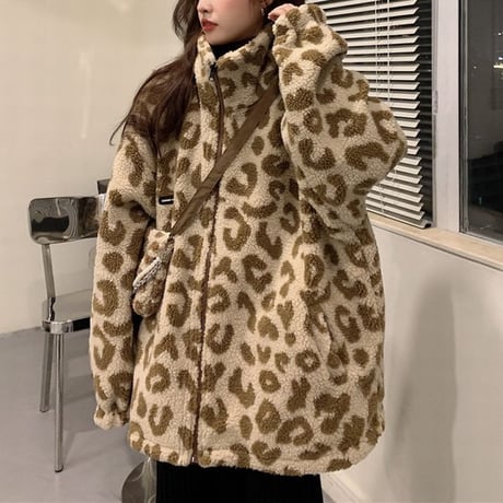 2way リバーシブル ヒョウ柄 無地 ボアブルゾン ブルゾン フェイクラムウール 厚手 オーバーサイズ もこもこ 防寒 ボア レオパード柄 ゆったり カジュアル DTC-657991691559