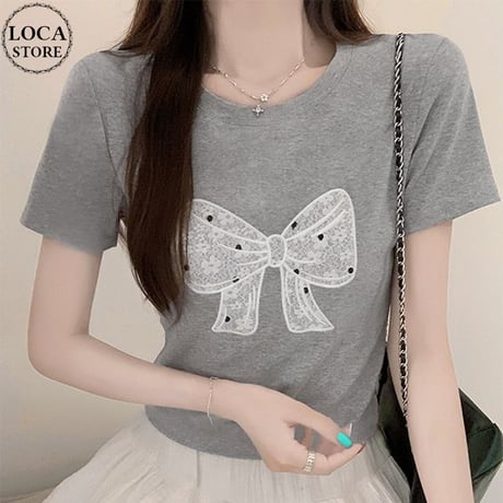 Tシャツ 刺繍リボン ショート丈 半袖 スリムフィット クルーネック シンプル レトロ 大人可愛い ガーリー カジュアル フェミニン DTCA-798676186291