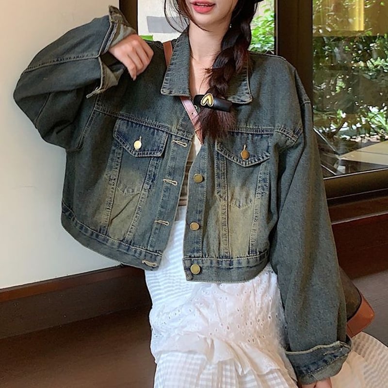 デニムジャケット バックレースアップ ショート丈 編み上げ ウォッシュ