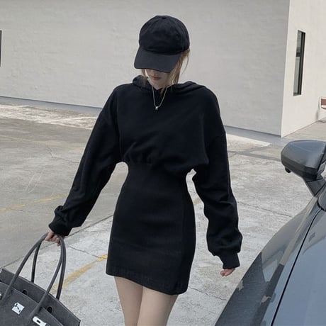 フード付き ワンピース ハイウエスト ミニワンピース パーカーワンピース スウェット 長袖 レトロ 韓国ファッション レディース 大人可愛い ガーリー DTCA-661706775371