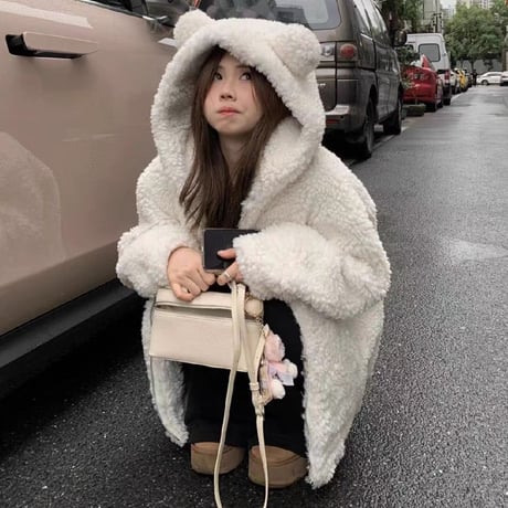 クマ耳 フード付き ボアブルゾン ファーブルゾン アウター ラムウール もこもこ 防寒 ゆったり ルーズ 長袖 冬 レトロ 大人可愛い ガーリー DTCA-831602266614