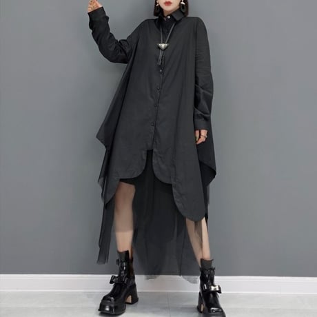 ロングシャツ シャツワンピース チュール シャツ ワンピース アシンメトリー ルーズ 長袖 レトロ 韓国ファッション レディース 大人可愛い ガーリー DTC-653970172988