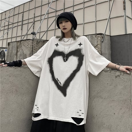 ユニセックス ダメージ加工 Tシャツ ハート クロス 半袖 オーバーサイズ 韓国ストリート系 韓国ファッション メンズ レディース カジュアル ストリートファッション DTC-643334954197
