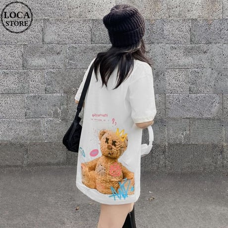 ユニセックス Tシャツ 半袖 つぎはぎクマちゃん ベアー バックプリント オーバーサイズ カジュアル ストリート系ファッション 韓国ファッション メンズ レディース DTC-672139110875