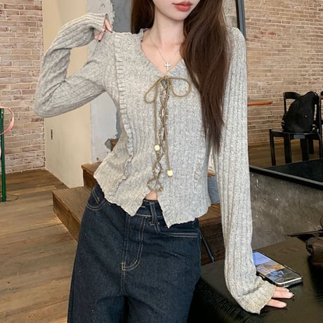 ニット トップス レースアップ Vネック スリムフィット 長袖 レトロ 韓国ファッション レディース 大人可愛い ガーリー DTCA-849831573602