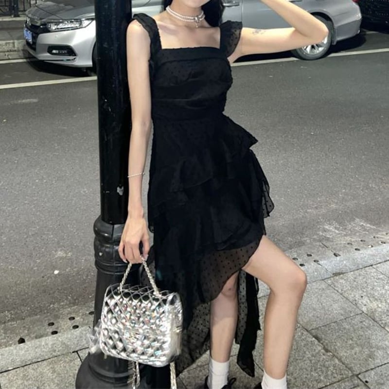 水玉 ノースリーブ ワンピース 不規則 フリル キャミワンピース