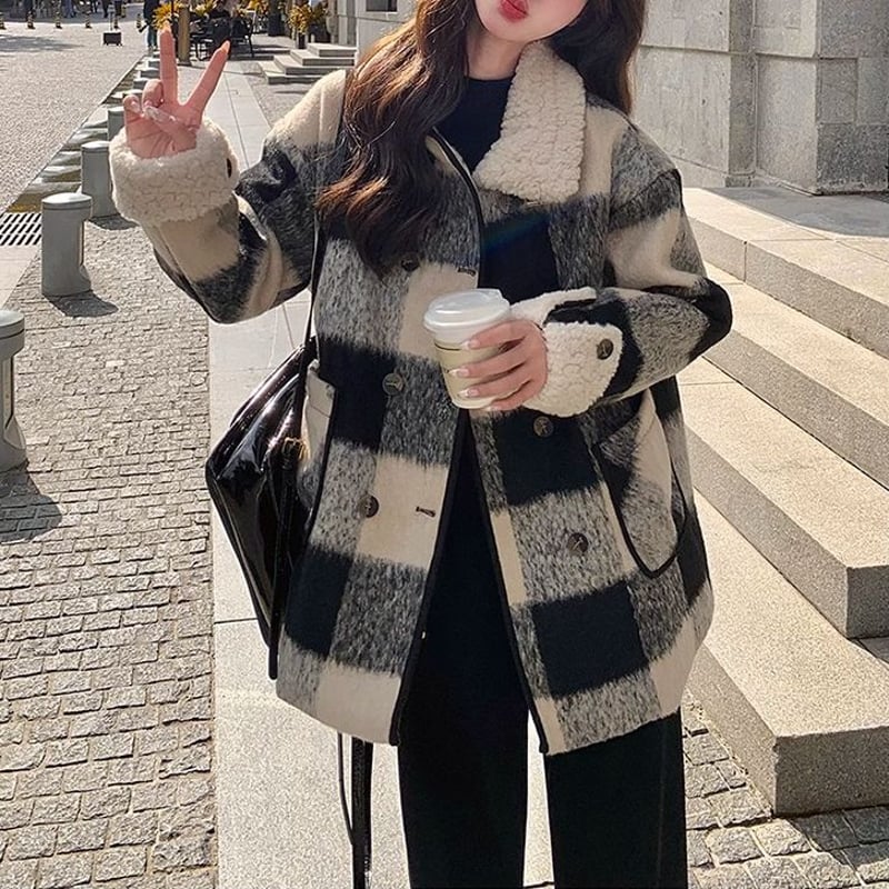 RＥ. アールイードット ボアジャケット 派手かわ 韓国ストリート　チェック 楽天市場】チェック柄 コート ボア ブルゾン アウター ジャケット