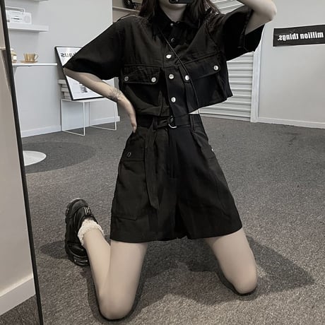 セットアップ 2点セット ミリタリー風シャツ ショート丈 半袖 ショートパンツ ハイウエスト レトロ 韓国ファッション レディース 大人可愛い ガーリー カジュアル DTC-644096580052