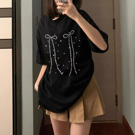 リボンプリント Tシャツ オーバーサイズ トップス ルーズ ゆったり 半袖 レトロ  大人可愛い ガーリー カジュアル フェミニン DTCA-780996917013