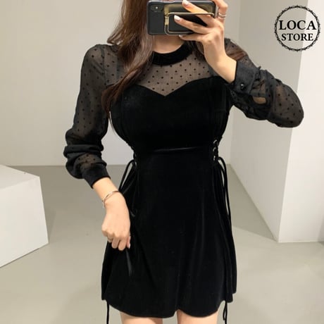 ハート ドット シースルー ワンピース ベルベット 韓国ファッション レディース ラウンドネック ハイウェスト ゆったり 大人可愛い ガーリー DTC-627470204490