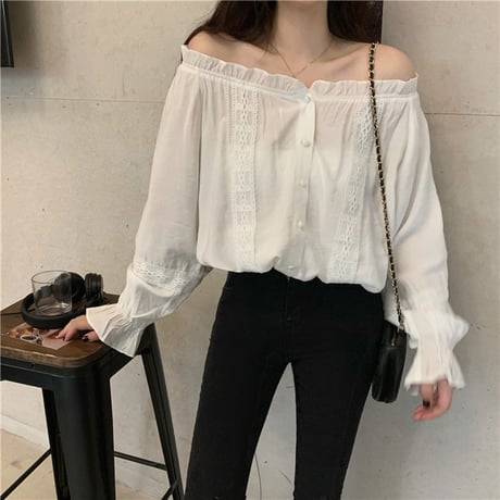 2way ブラウス シャーリングネック 長袖 韓国ファッション レディース 大人可愛い ガーリー レトロ DTC-627969886702