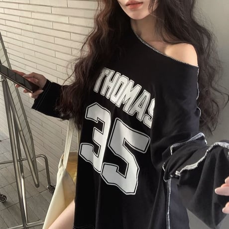 Tシャツ 長袖 ナンバリング レタープリント ロンT ワンショルダー オーバーサイズ トップス ルーズ レトロ 韓国ファッション レディース 大人可愛い ガーリー DTCA-861844447756