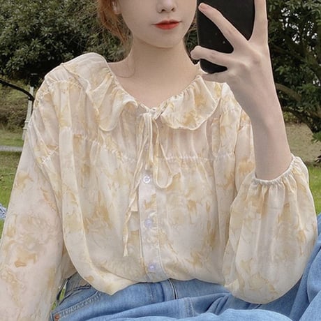 花柄ブラウス パフ袖 シフォン 透け感 長袖 韓国ファッション レディース 大人可愛い ガーリー フェミニン DTC-640922225325