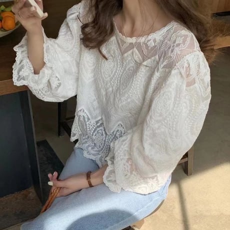 総レース ブラウス パフスリーブ ルーズ 長袖 レトロ 韓国ファッション レディース 大人可愛い ガーリー フェミニン DTCA-716027847362