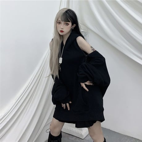2way パーカー ショルダージップ オフショルダー オーバーサイズ ゆったり ルーズ 韓国ファッション レディース カジュアル ストリートファッション ガーリー DTC-615256713000