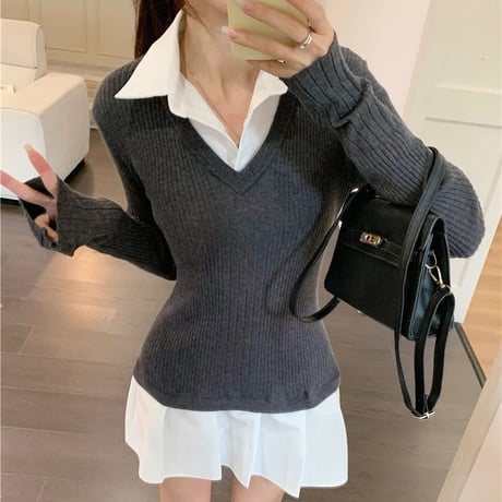 フェイクレイヤード ワンピース ドッキングワンピース ニット プリーツ スリムフィット Aライン 長袖 レトロ 韓国ファッション レディース 大人可愛い ガーリー DTCA-769852936406