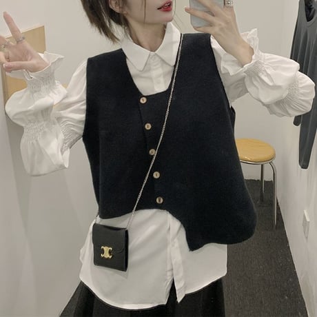 セットアップ 3点セット ブラウス ニットベスト ロングスカート アシンメトリー 不規則デザイン 長袖 レトロ 韓国ファッション レディース 大人可愛い ガーリー DTC-681737835293