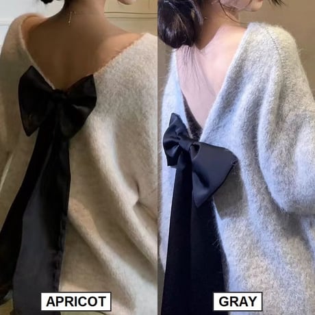 2カラー ニット バックコンシャス バックリボン オープンバック バックレス ルーズ 長袖 レトロ 韓国ファッション レディース 大人可愛い ガーリー DTCA-843523636210
