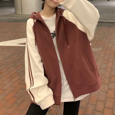 パーカー 袖ライン バイカラー ジップアップ 長袖 オーバーサイズ ゆったり レトロ 韓国ファッション レディース 大人可愛い ガーリー カジュアル DTC-656269992331