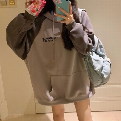 バイカラー パーカー ダークグレー プルオーバー オーバーサイズ ビッグシルエット レトロ 韓国ファッション レディース カジュアル 韓国ストリートファッション DTC-684860027672_dg