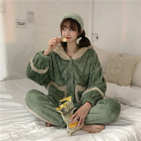 【ルームウェア】 フード付き パジャマ セットアップ トップス + パンツ ラビット フリース ウサギ 長袖 上下セット 長袖 韓国ファッション レディース ガーリー 627124813627