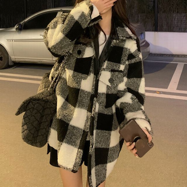 チェック柄 ジャケット フェイクラムウール ルーズ ゆったり ショート 