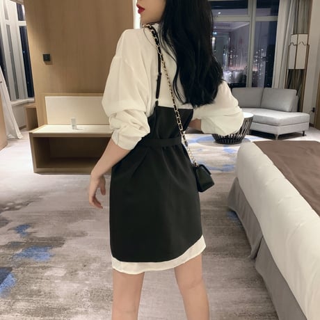セットアップ ロングシャツ ＋ サスペンダースカート 韓国ファッション レディース 不規則デザイン ワンピース シャツ ハイウエスト 大人可愛い ガーリー (DTC-610138365332)