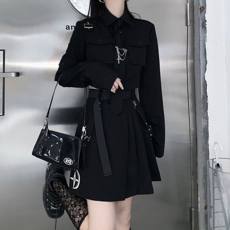 セットアップ ミリタリー風 ショートシャツ プリーツ ミニスカート ネクタイ ベルト 長袖 ハイウエスト レトロ 韓国ファッション レディース ゴシック モード系 DTC-651778269970