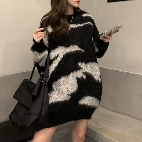 ゼブラ柄 ニット ニットセーター プルオーバー モヘア ラウンドネック 長袖 ルーズ ゆったり レトロ 韓国ファッション レディース 大人可愛い ガーリー DTC-657324217477