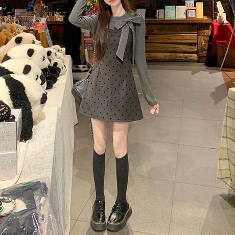 フェイクレイヤード ミニワンピース フェイクツーピース リボンタイ付き カットソー ドット柄ワンピース スリムフィット 長袖 レトロ 大人可愛い ガーリー DTC-865485856238