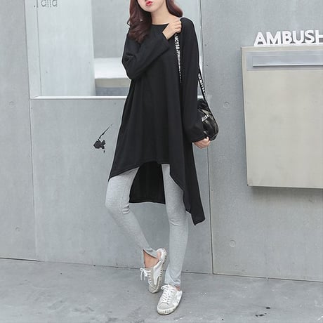 スリットTシャツ ロング丈 全3色 韓国ファッション レディース チュニック ワンピース ゆったり ラウンドネック 無地 ストリート (1RIRIT-025)