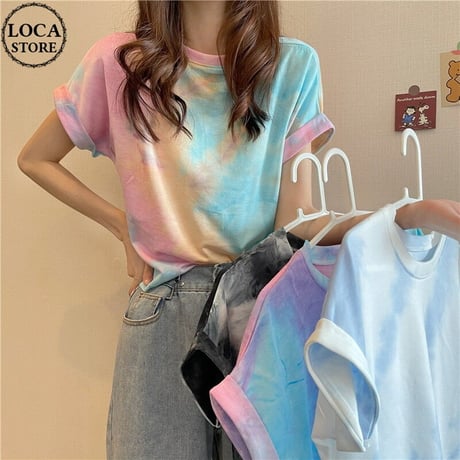 タイダイ柄 Tシャツ 薄手 半袖 トップス ショート丈 へそ出し 絞り染め レトロ 韓国ファッション レディース 大人可愛い ガーリー カジュアル DTC-646133929852