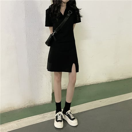 ポロワンピース スリット 薄手 ハイウエスト 半袖 韓国ファッション レディース ワンピース Aライン 大人可愛い ガーリー DTC-641223182544