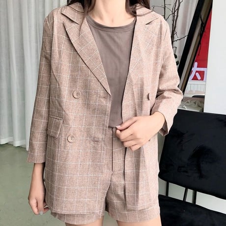 レディース ジャケット ショートパンツ チェック柄 セットアップ 大人 ガジュアル ハイウエスト ガーリー 韓国ファッション (DCT-588392928821)