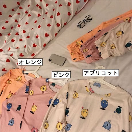 【ルームウェア】 パジャマ セットアップ トップス + パンツ プリント ラウンドネック 上下セット 長袖 韓国ファッション レディース 625829795764