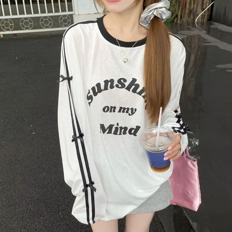 袖ライン リボン tシャツ レタープリント オーバーサイズ ロンt サイドライン トップス 長袖 レトロ 韓国ファッション レディース 大人可愛い ガーリー DTC-798807583548