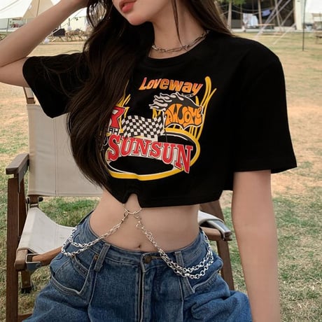 クロップド丈 Tシャツ トップス へそ出し チェーン付き 半袖 ルーズ カットソー ショート丈 韓国ファッション レディース 大人可愛い ガーリー カジュアル DTC-643229484723