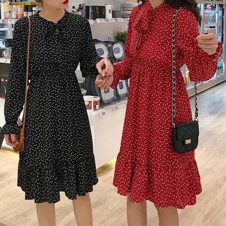 レディース 長袖ワンピース ミモレ丈 ドット柄 ワンピース フレア リボン 韓国ファッション オルチャン (DCT-587243195150)