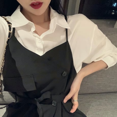 セットアップ ロングシャツ ＋ サスペンダースカート 韓国ファッション レディース 不規則デザイン ワンピース シャツ ハイウエスト 大人可愛い ガーリー (DTC-610138365332)