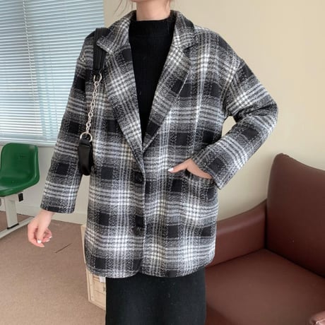 チェック柄 チェスターコート ルーズ シングルブレスト 韓国ファッション レディース コート シングルボタン 大人可愛い ガーリー DTC-631667786680