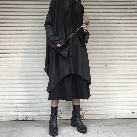 アシンメトリー ロングシャツ 長袖 ルーズ 韓国ファッション レディース シャツワンピース シャツ アシメ 不規則デザイン 暗黒系 ドルマンシャツ ガーリー DTC-601048675644