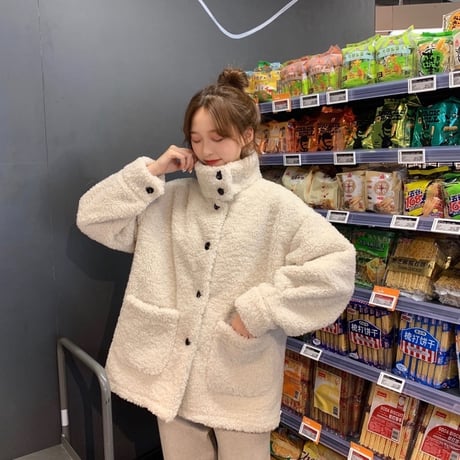 ボアブルゾン ボタン 韓国 ファッション レディース ボアジャケット アウター コート ジャケット もこもこ ボア 羊毛 ドロップショルダー (DTC-607833991360)