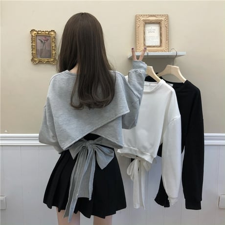 Tシャツ スウェット バックリボン プルオーバー オープンバック ショート丈 長袖 韓国ファッション レディース トップス 大人可愛い ガーリー カジュアル DTC-652203511871