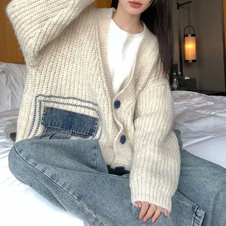 カーディガン ニット デニムミックス 異素材 オーバーサイズ 長袖 ルーズ ゆったり レトロ 韓国ファッション レディース 大人可愛い ガーリー カジュアル DTC-738962872965